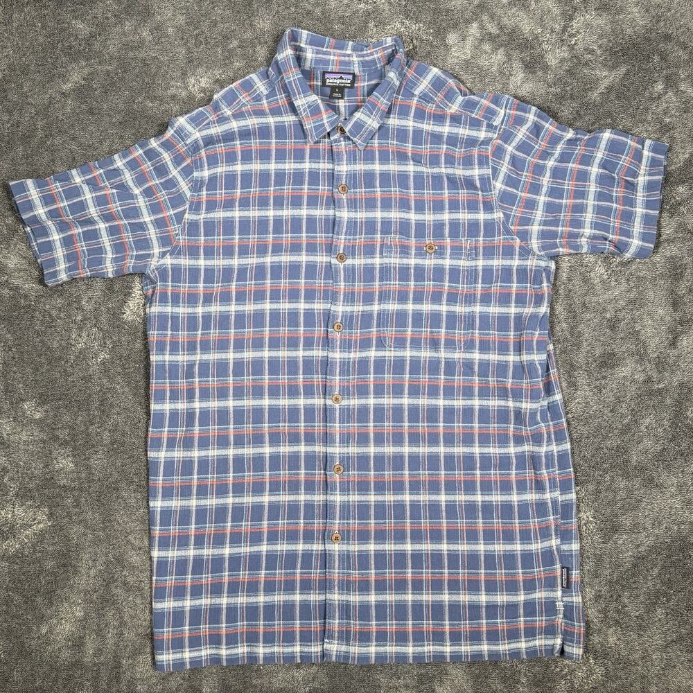 Patagonia Button Shirt Mens L Blue White Check Short Sleeve Organic Cotton